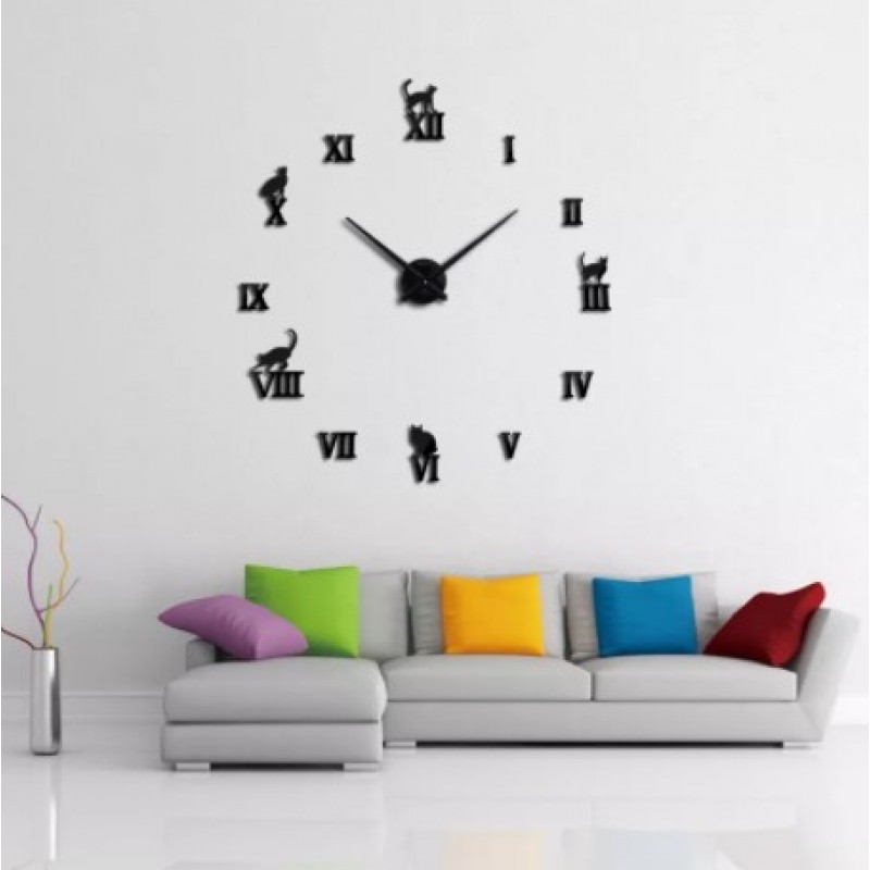 Αυτοκόλλητο Ρολόι Τοίχου Πλαστικό 3D DIY Γυαλιστερό Με Νούμερα - Μεγάλο - C1372 - Λατινικά Γάτα - Μαύρο 