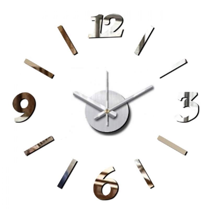 Αυτοκόλλητο Ρολόι Τοίχου Πλαστικό 3D DIY Γυαλιστερό Με Νούμερα - Μεγάλο - C1374 - Αριθμοί Και Κάθετες Γραμμές - Ασημί 